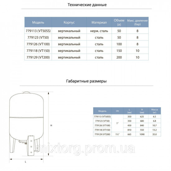 Гідроакумулятор вертикальний 100 л AQUATICA (779126)